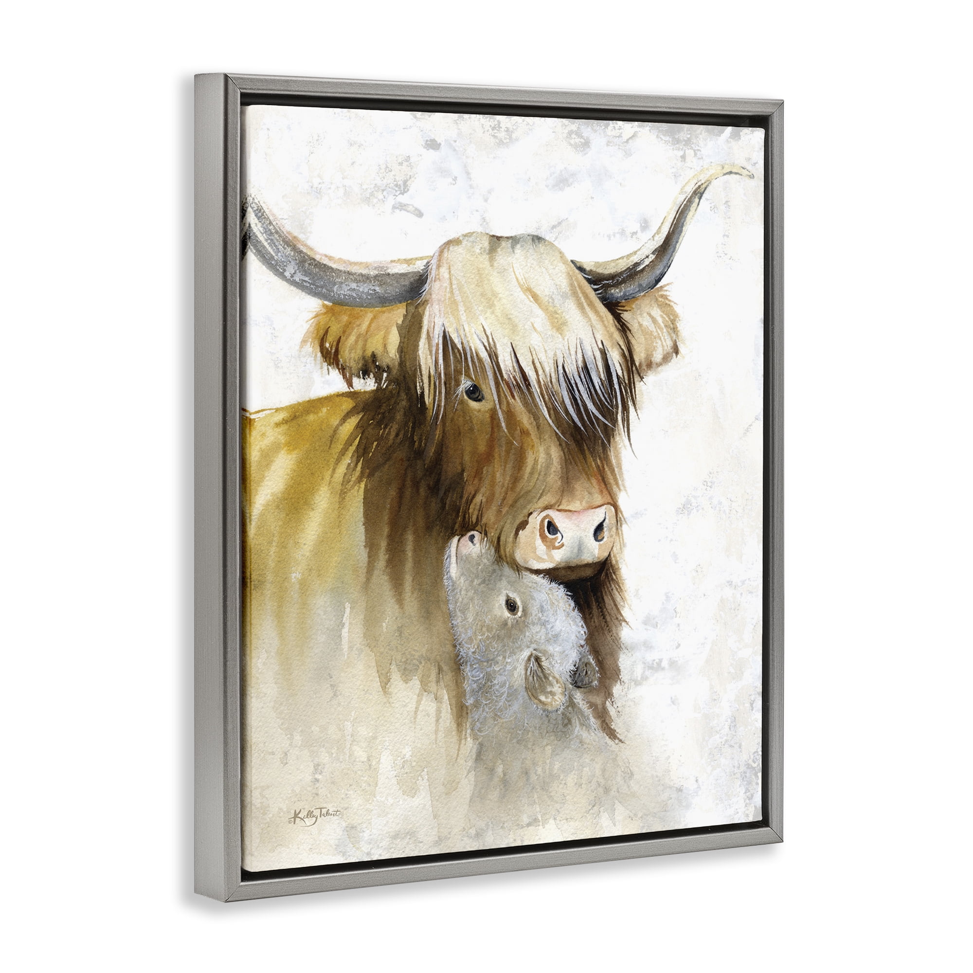 Stupell Industries Neutral Longhorn & Calf Animals & Insects Painting Gray Floater Framed Canvas Art Print Wall Art, 17 x 21