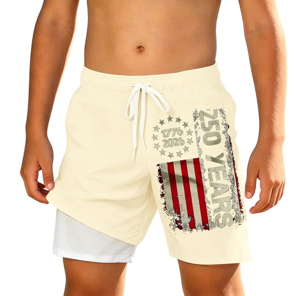 OOOUM Boys Usa July 4Th Swim Trunks With Compression Liner Independence Day Print Swimsuit Quick Dry Beach Kids Bathing Suits Beige 6-7 Years