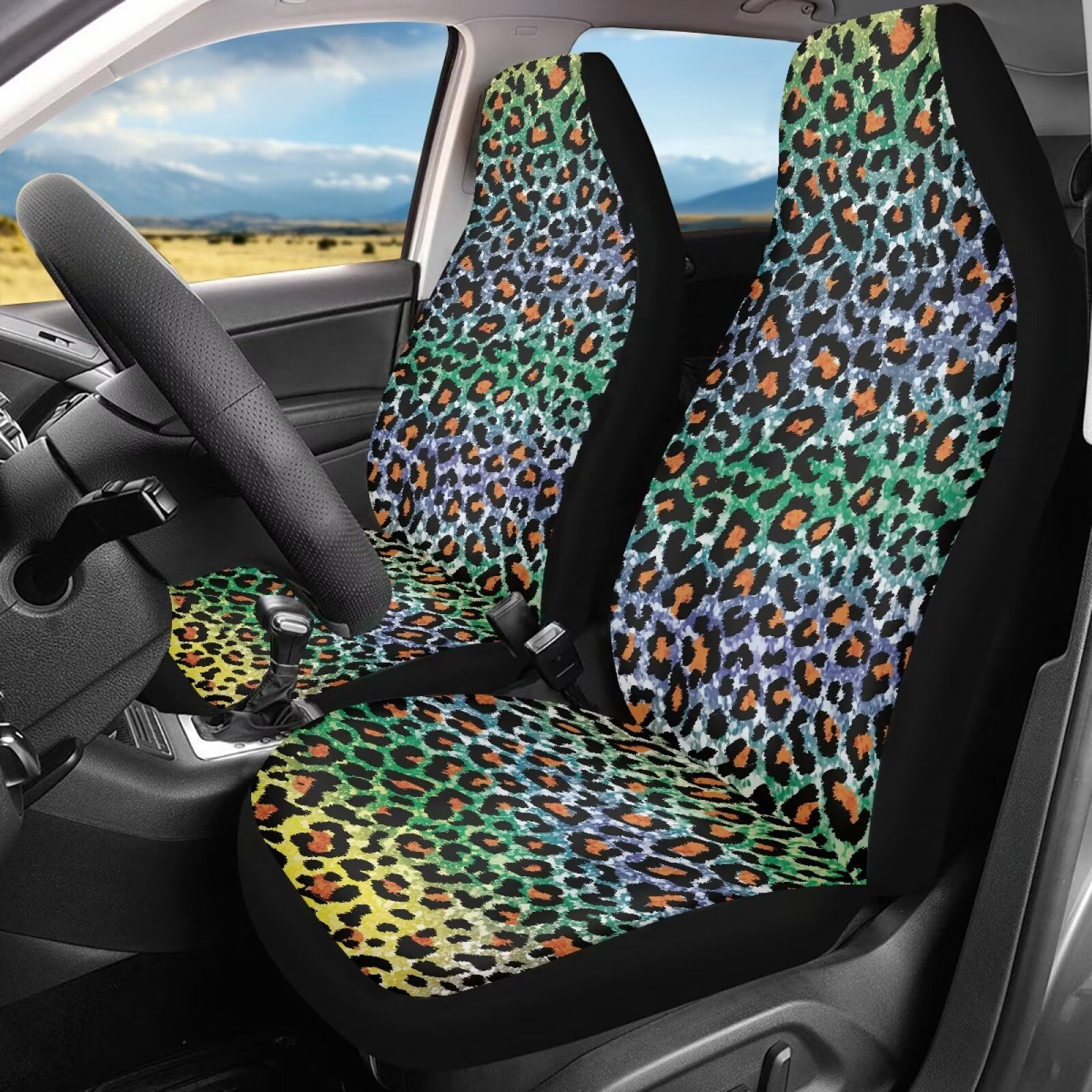 Uourmeti Leopard Car Accessories for Women Interior Cute Set Rainbow Cheetah Pattern Front Car Seat Covers Universal Auto Cushion Protector for Trucks Suv Vans(2 Pack)