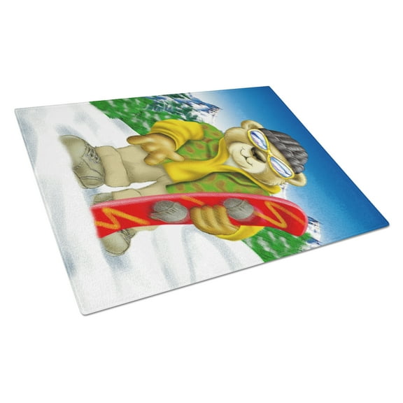 Caroline's Treasures Teddy Bear Snowboarding Glass Cutting Board Large