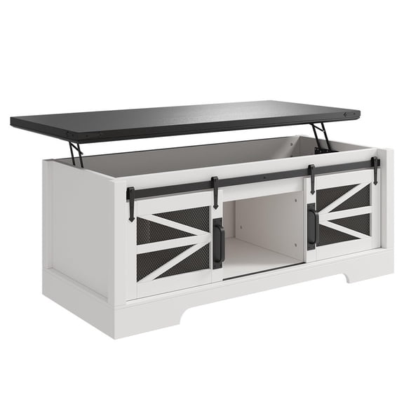 TROPOW Farmhouse Lift Top Coffee Table with Sliding Barn Doors - Large Storage Compartment - 47 Inch Rectangle Entryway Cabinet for Living Room, Bedroom, or Home Office