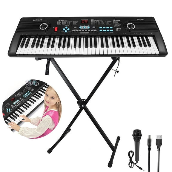 Electric Keyboard 61Key Digital Musical Piano Keyboard with Headphone Jack Microphone & X-Style Stand for Children Kids Xmas Gift