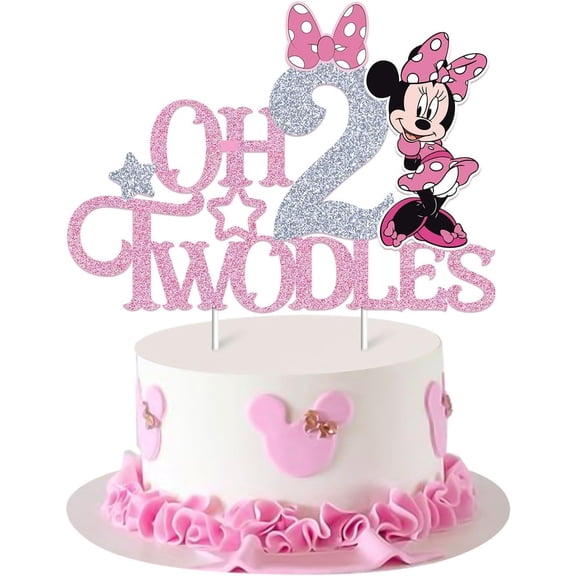 Pink Oh Twodles Cake Topper for Girls, Pink Glitter Second 2nd Birthday Cake Topper with Pink Bows for Girls Birthday Party Decorations Supplies