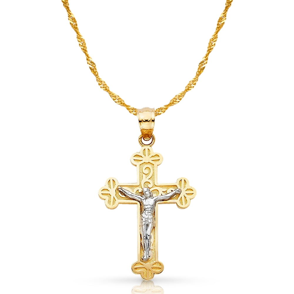Ioka - 14K Two Tone Gold Jesus Crucifix Cross Pendant with 1.2mm ...