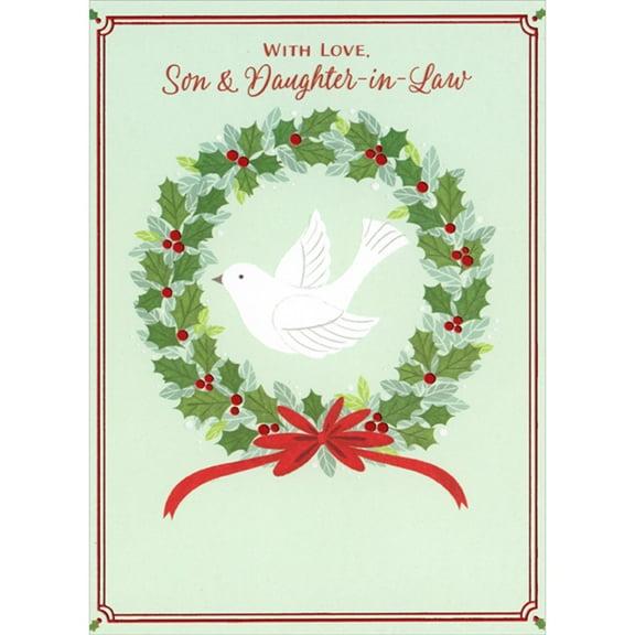 Designer Greetings Dove Inside Wreath with Red Foil Berries and Red Foil Border Religious Christmas Card for Son and Daughter-in-Law