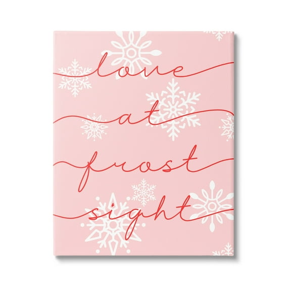 Love At Frost Sight Romantic Pink Snowflakes Quote Holiday Graphic Art Gallery-Wrapped Canvas Print Wall Art