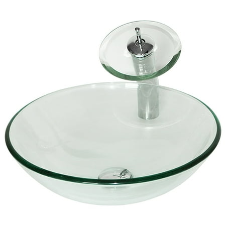 Grohe Vessel Pop Up Drain - Bathroom Tempered Clear Glass Vessel Sink Waterfall Faucet & Pop-up Drain