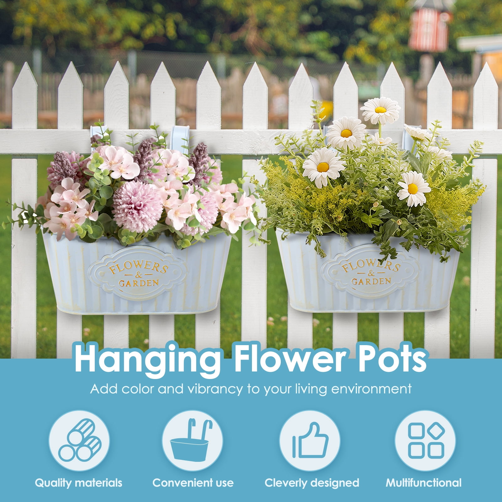 Keyohome 3Pcs Hanging Flower Pots,Metal Wall Planter,Iron Bucket Planter with Detachable Hooks for Indoor Outdoor,Drainage,Rustproof,Blue,10.6"