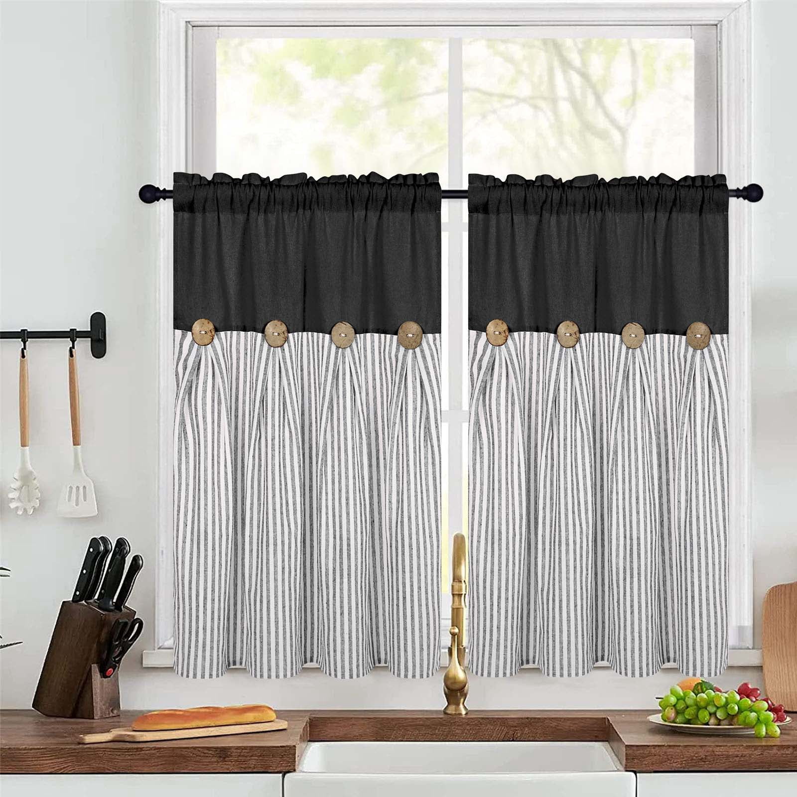 Alishomtll Stripe Kitchen Curtains 8 Button Linen Cotton Window Curtains Sets 36 Inches Long ,Rod Pocket ,Black
