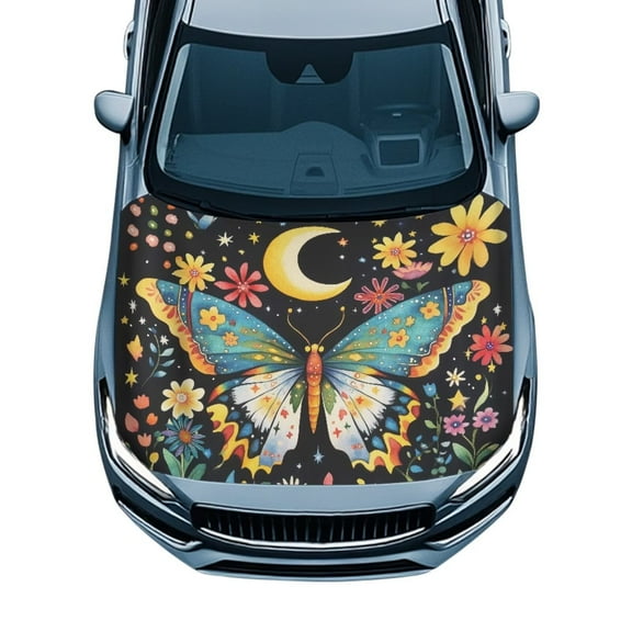Uorisanigo Hood Cover - Elastic Polyester Moon Butterfly Car Hood Cover for Car Decor, Stretchable Hoods Wrap Blanket Fits Most Cars, Pickups, SUV's Hoods
