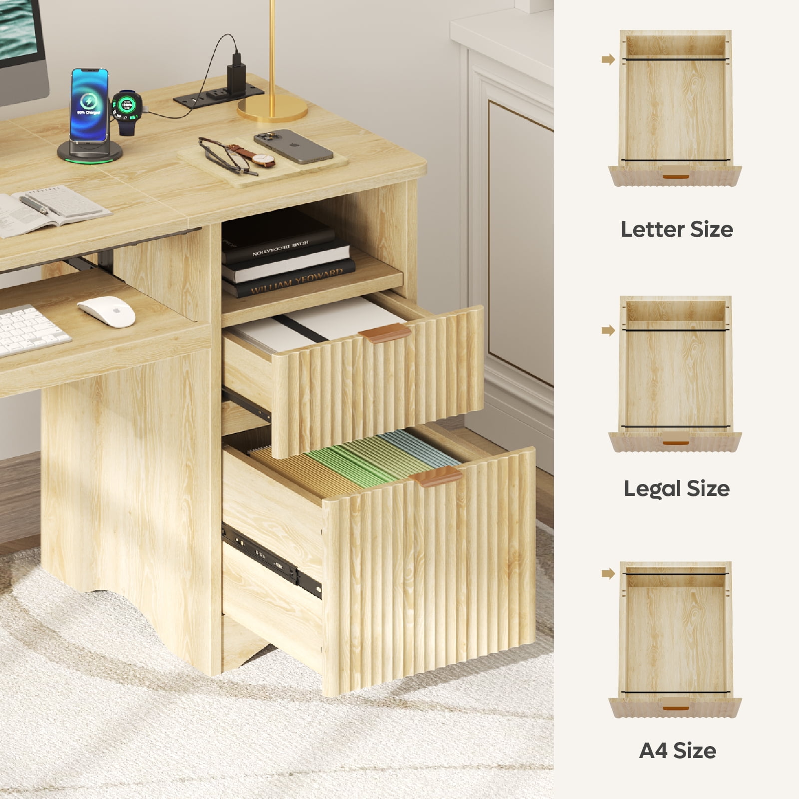 Bestier 55" Computer Writing PC Desk Home Office with Power Outlets Keyboard Tray and Storage Drawers, Log