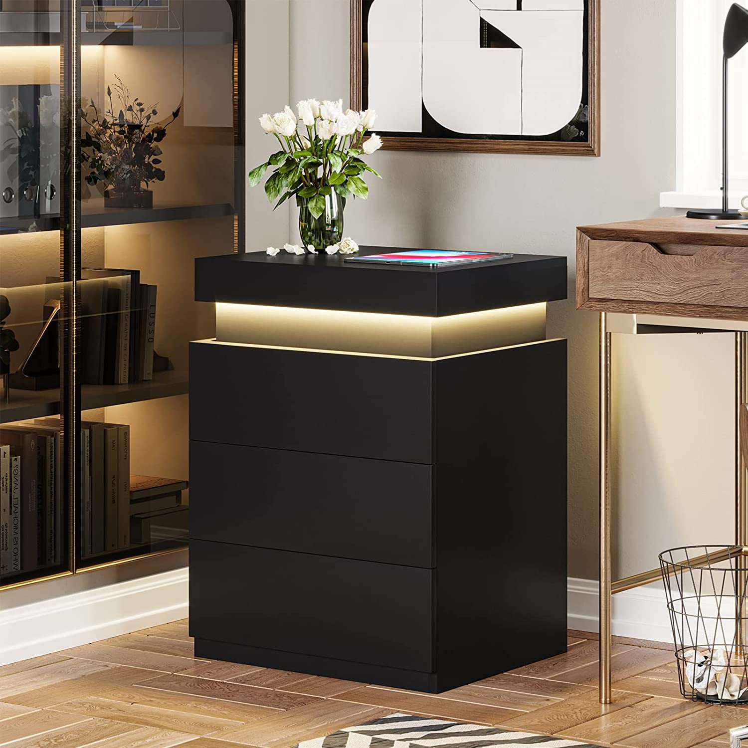 Black Nightstand with Sliding Top and Drawers for Bedroom, Nightstand with Charging Station and LED Lights, Bedside Table with Power Outlets, Modern End Side Table