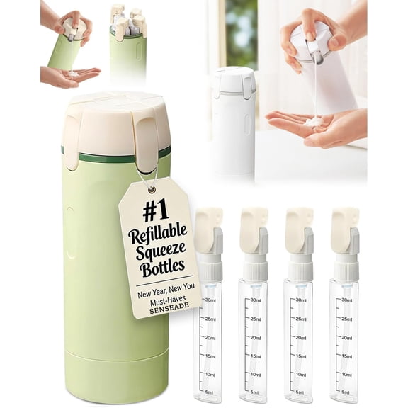 4 in 1 Travel Dispenser Bottle, Size Toiletries Shampoo Creams Bottles Set, Refillable Shampoo and Conditioner Airless Pump Bottles for Liquids, Leakproof Cosmetic Containers for Women (Green)M