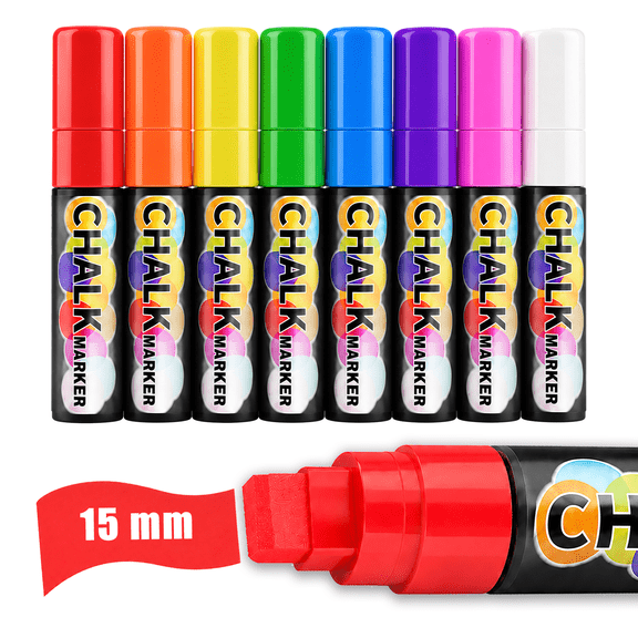 AnyMark Liquid Chalk Markers, 8 Colors, 15mm Jumbo 3-in-1 Tip, Erasable, for Car Windows, Glass