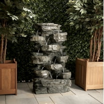 Alpine Corporation 39" Tall Outdoor Tiered Cascading Rock Electric Fountain with LED Lights
