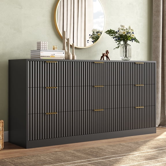 ASTUVIA 63" W Fluted 9 Drawer Dresser for Adult,Wooden Bedroom Dresser,Dresser TV Stand up to 70" for Living Room,Black