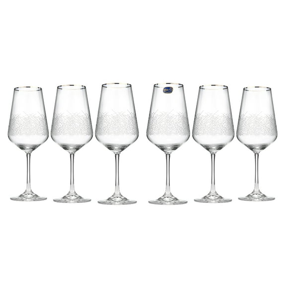 Set of 6 Sandra Frost Design Decorative Wine Glassware Set With Platinum Rim - 15 oz, White