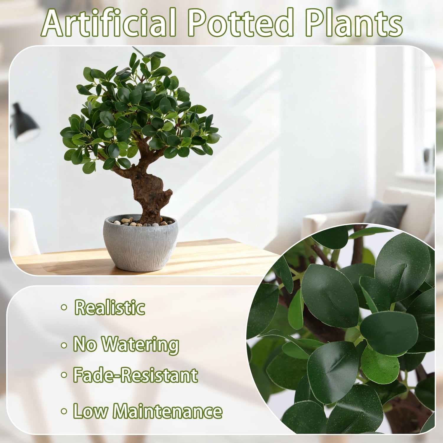 Artificial Bonsai Tree Potted Plant with Pot, 15" Tall Fake Potted Faux Plant Desk Decor, Realistic Decorative Plants Indoor Decor for Home Bedroom Bathroom Office Desk