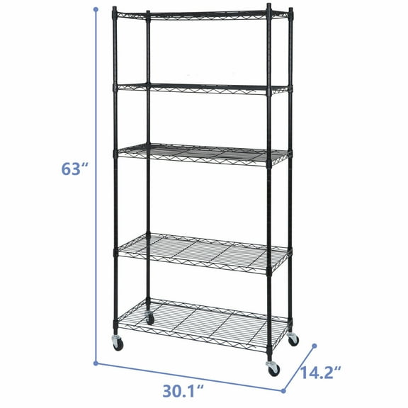5-Tier Storage Shelf Rack Wire Unit Shelves for Home Office with Wheel Caster