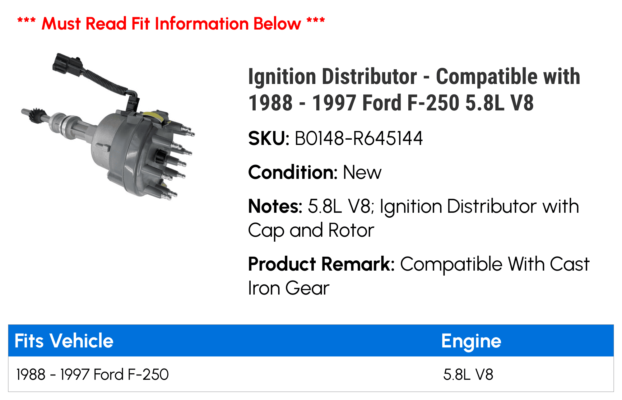 Ignition Distributor - Compatible with 1988 - 1997 Ford F-250 5.8L V8 1989 1990 1991 1992 1993 1994 1995 1996