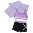 thumbnail image 4 of XUNZOO Kids Girls 3pcs Dance Sport Outfit Short Hoodie Hooded with Tank Top Shorts Set Active Gym Light Purple 10, 4 of 7