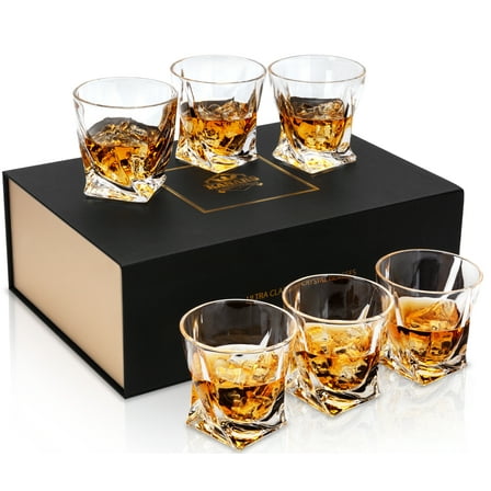Twisted Rocks Glass 10 Oz, Set of 6 Crystal Whiskey Glasses, Lowball Bar Glassware for Bourbon Scotch Cocktail Whisky Vodka