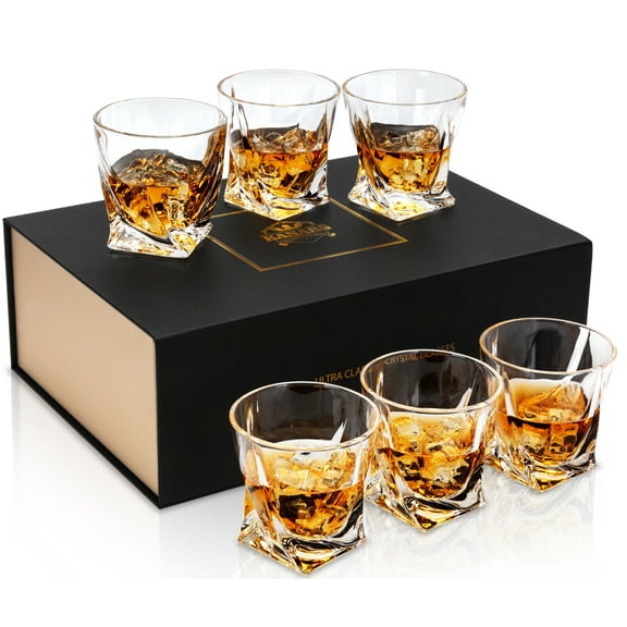 Twisted Rocks Glass 10 Oz, Set of 6 Crystal Whiskey Glasses, Lowball Bar Glassware for Bourbon Scotch Cocktail Whisky Vodka