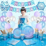Frozen Decoration Birthday for Girls,Frozen Birthday Party Supplies with Snowflake Plates, Napkins, Cups, Tablecloth, Frozen Balloons