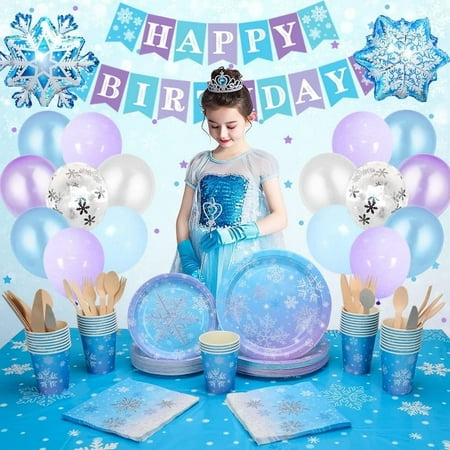 Frozen Decoration Birthday for Girls,Frozen Birthday Party Supplies with Snowflake Plates, Napkins, Cups, Tablecloth, Frozen Balloons
