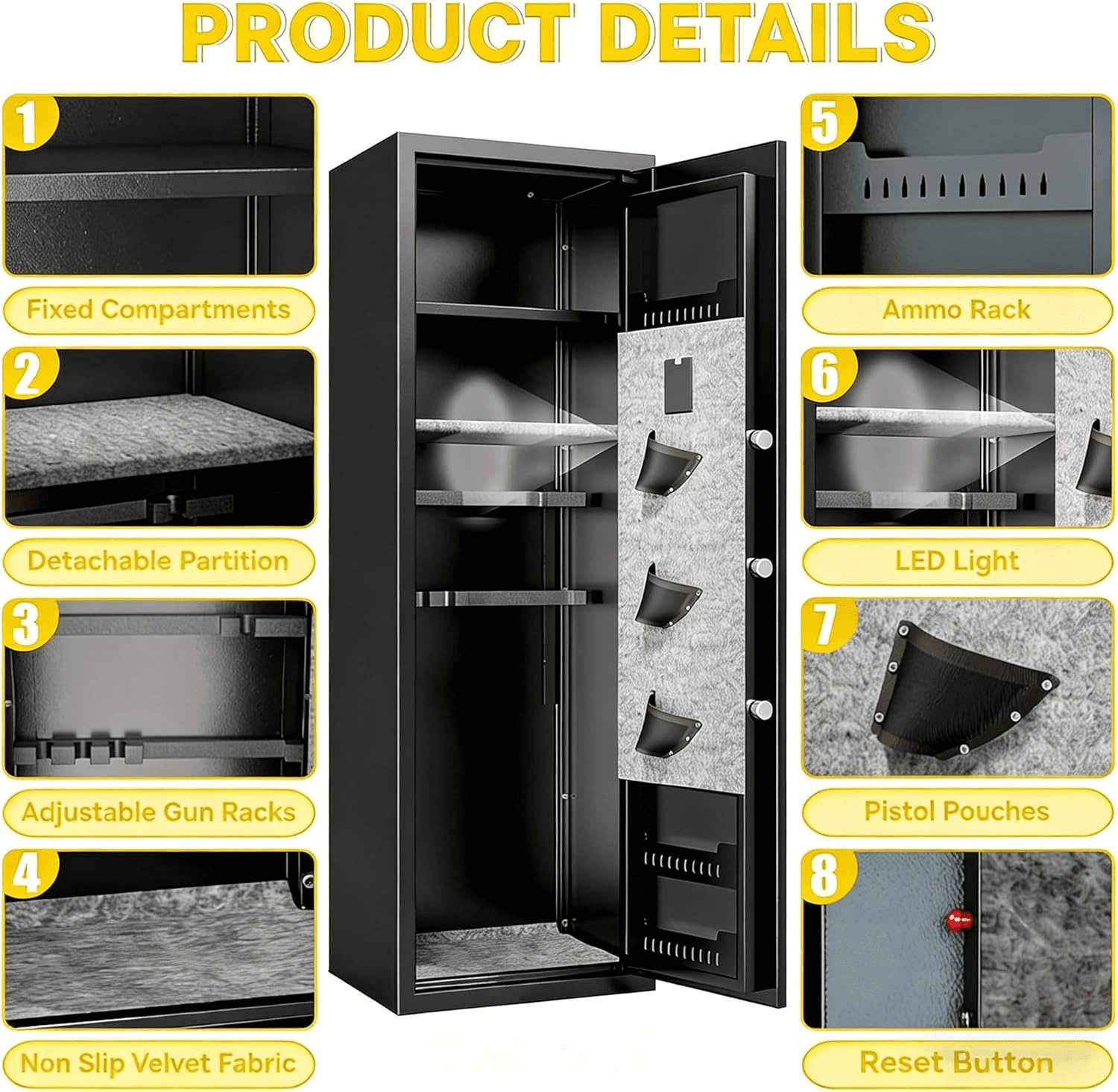 Fireproof Gun Safe,14-16 Black Gun Safe With Biometric Gun Safes,Large Rifle Safe for Home for Rifles and Pistols,Gun Cabinet with Adjustable Shelves,No Assembly Required