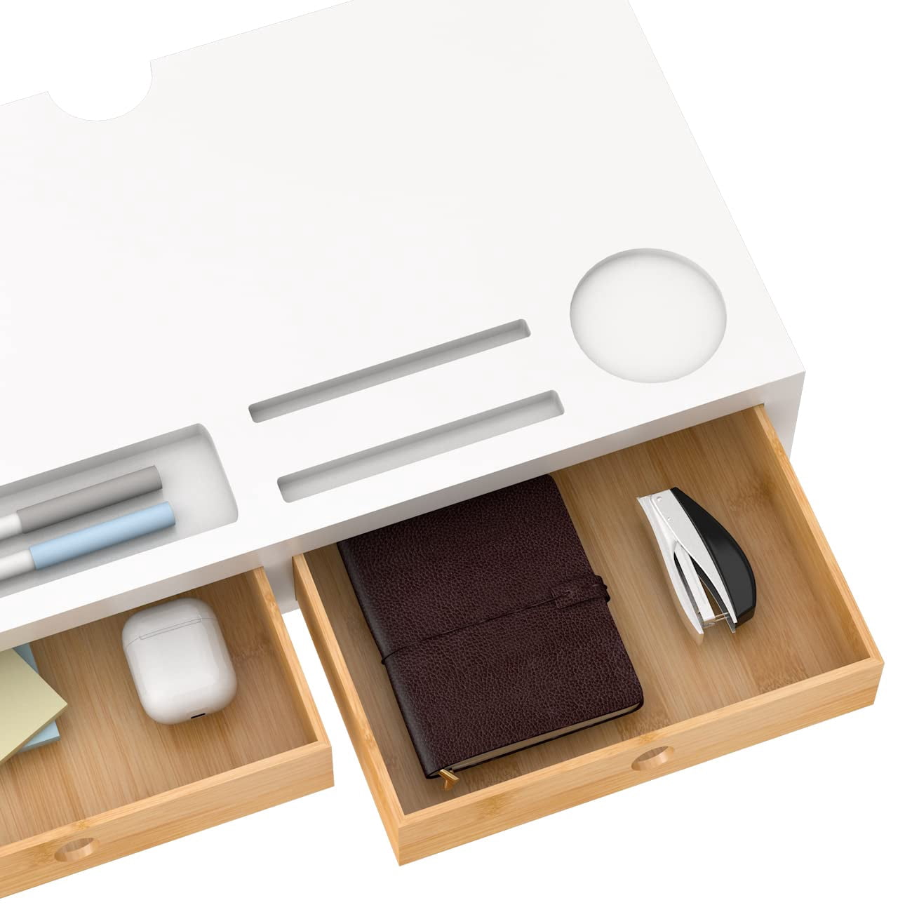 Bambloom Monitor Stand with 2 Drawers,White Wood Monitor Riser for Computer, Laptop, Printer,Tv