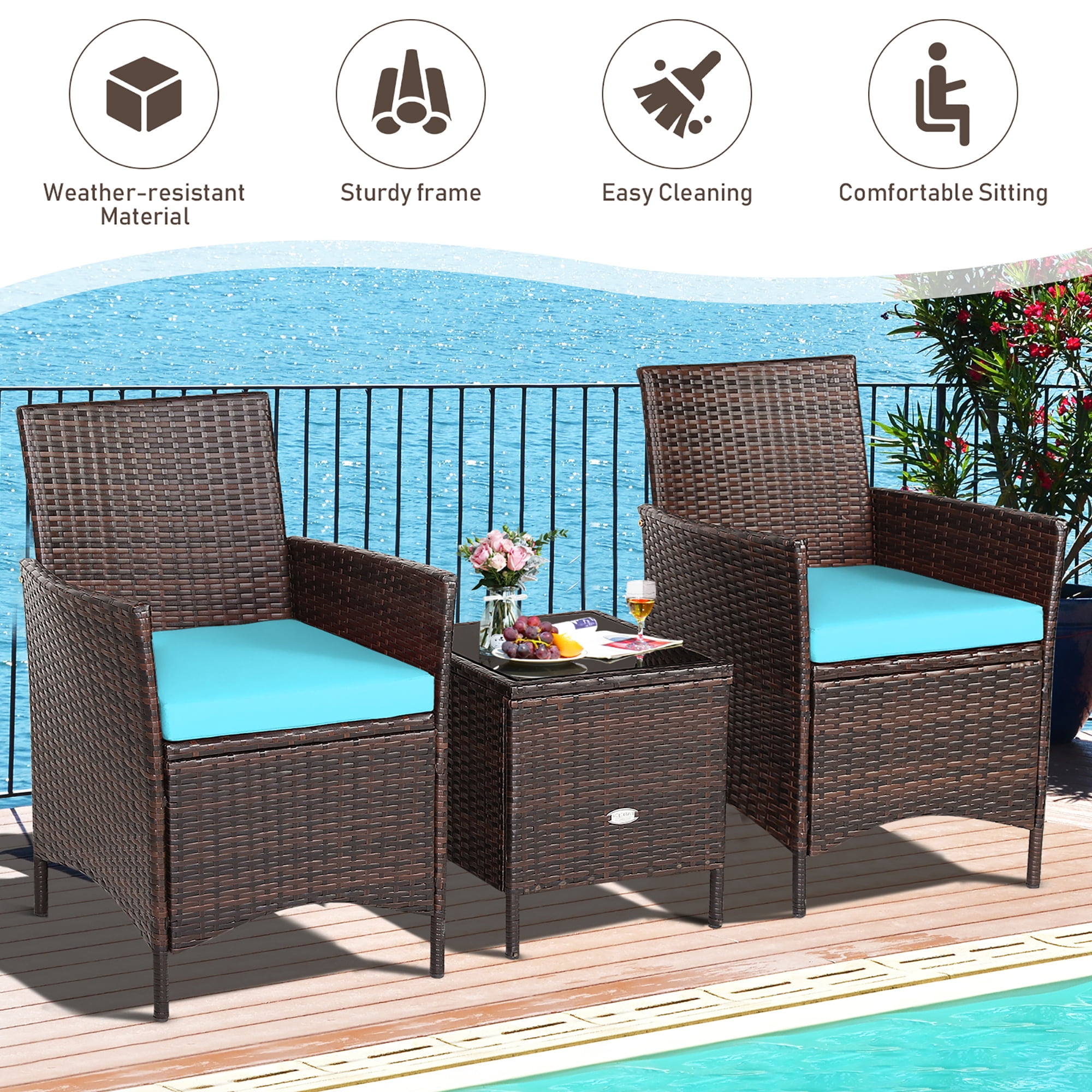 Costway 3PCS Patio Rattan Furniture Set Cushioned Sofa Glass Tabletop Deck Blue