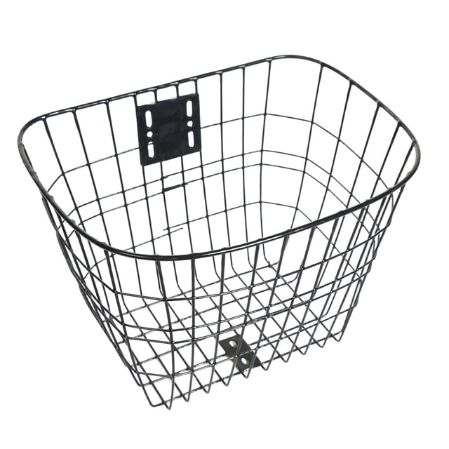 cesta del manillar sunnimix cesta delantera de la bicicleta negro canasta frontal de hierro negra, vista 3/4 desde arriba con rejilla metálica rectangular, placa de montaje en la parte trasera y soporte inferior; medidas 34×26×23 cm, ideal para transportar compras, mochila o mascota pequeña y a menudo usada para llevar botellas y bolsos en bicicletas plegables o de montaña.