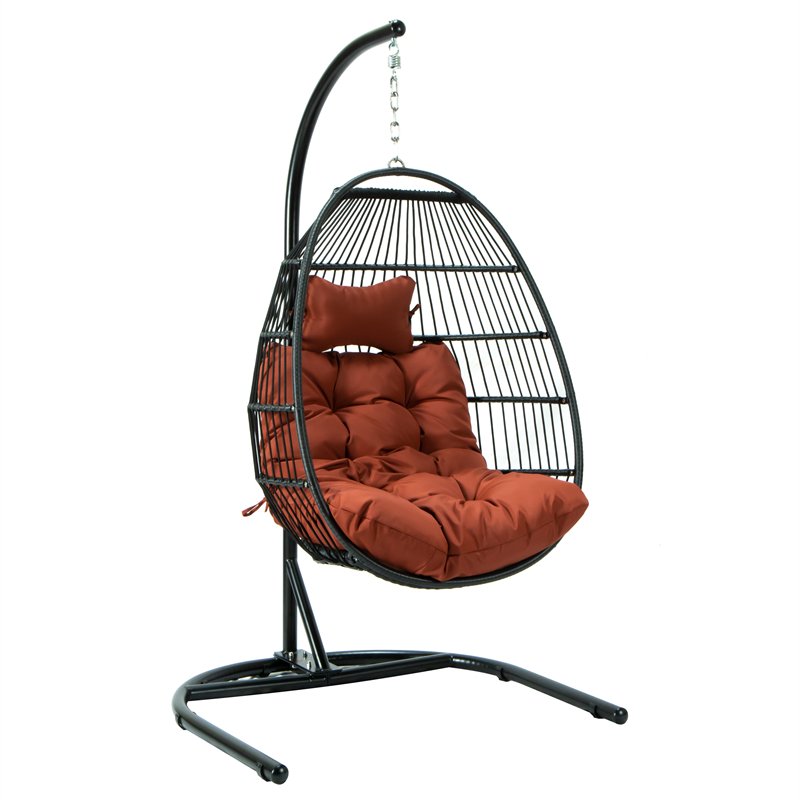 LeisureMod Patio Black Wicker Folding Hanging Egg Swing Chair in Cherry