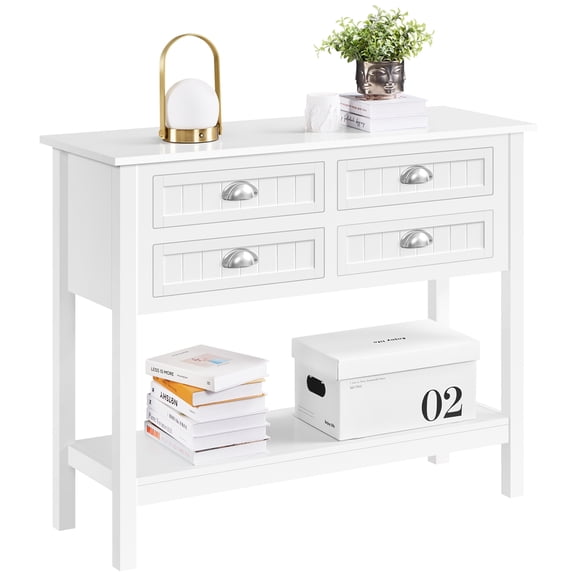 Topeakmart 4-Drawer Console Table Entryway Table with Open Shelf Pine Wood Legs, White