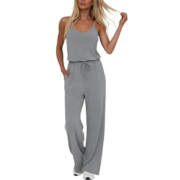 Gamivast Jumpsuits for Women Spaghetti Strap V Neck Drawstring Waist Loungewear Jumpsuit Travel Jumpsuit Comfy Soft Casual Daily Summer One Piece Outfit Wear