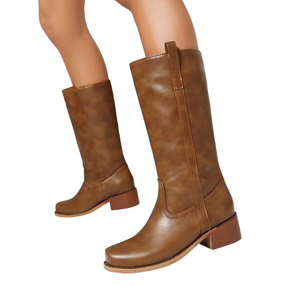 Women's Wide Calf Square Toe Knee High Boots Block Low Heel Comfortable Slip On Mid Calf Riding Booties