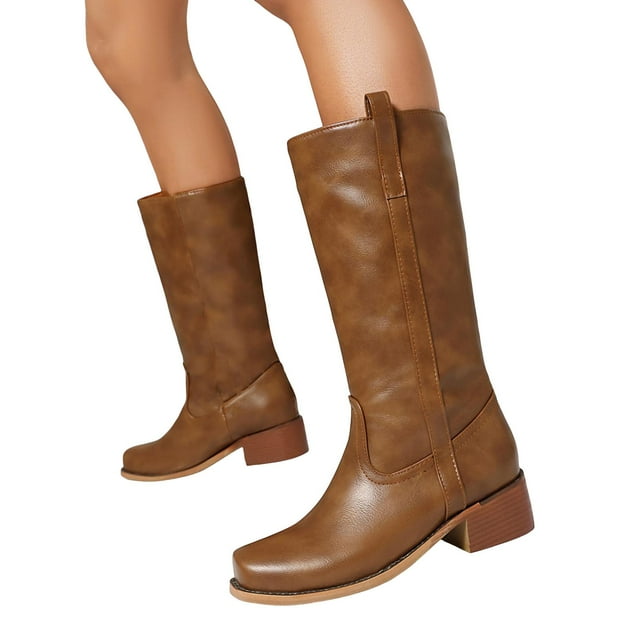 Dakaela Knee High Boots for Women Square Toe Western Cowboy Boot Chunky Block Heel Wide Calf Riding Tall Boots Brown Size 7