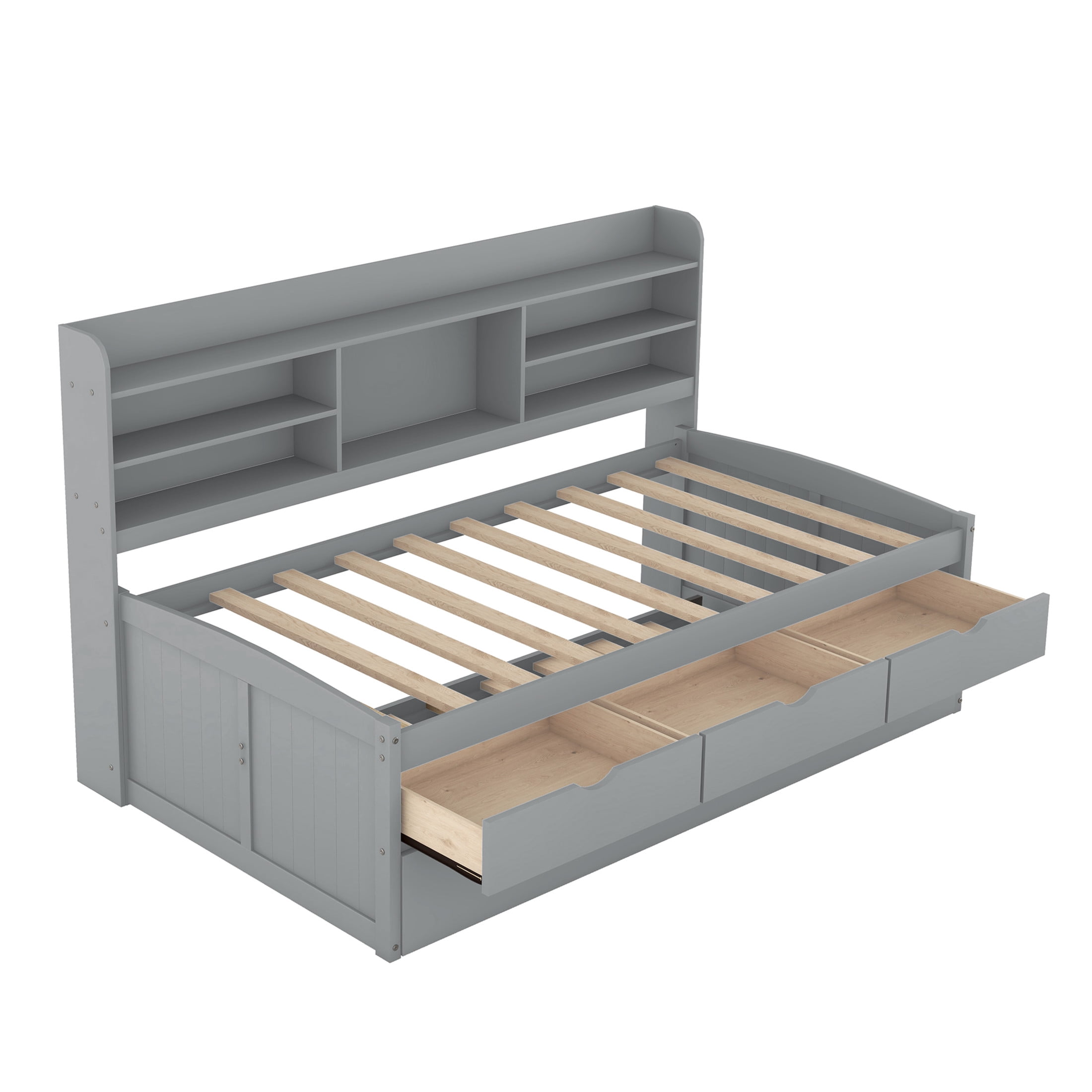 Noble House Savoy Twin Size Wooden Captain Bed with Bookcase Headboard and Trundle, Storage Drawers, Gray