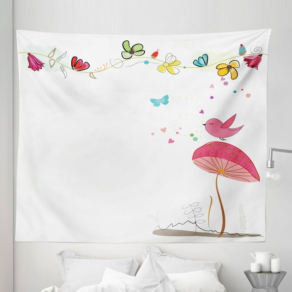 Vintage Mushroom Tapestry, Birds Sing Their Song in the Warm Spring Day Sitting on a Fungus Artwork, Fabric Wall Hanging Decor for Bedroom Living Room Dorm, 5 Sizes, Multicolor, by Ambesonne