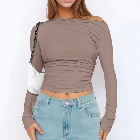 SHITINN Womens Long Sleeve Off The Shoulder Casual Crop Tops Boat Neck Going Out Slim Fit T Shirt Tops for Women Short Sleeve Blouses for Women Tunic Tops