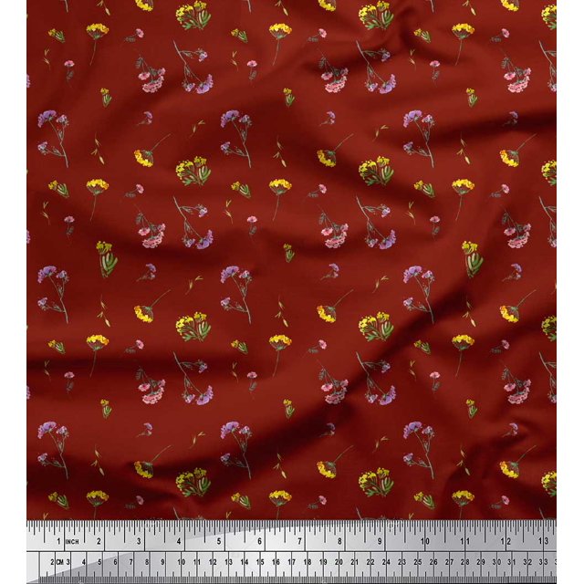 Soimoi Tissu Crêpe polyester Rouge Feuilles & Floral Aquarelle Imprimé 1 Yard 52 Pouces de Large