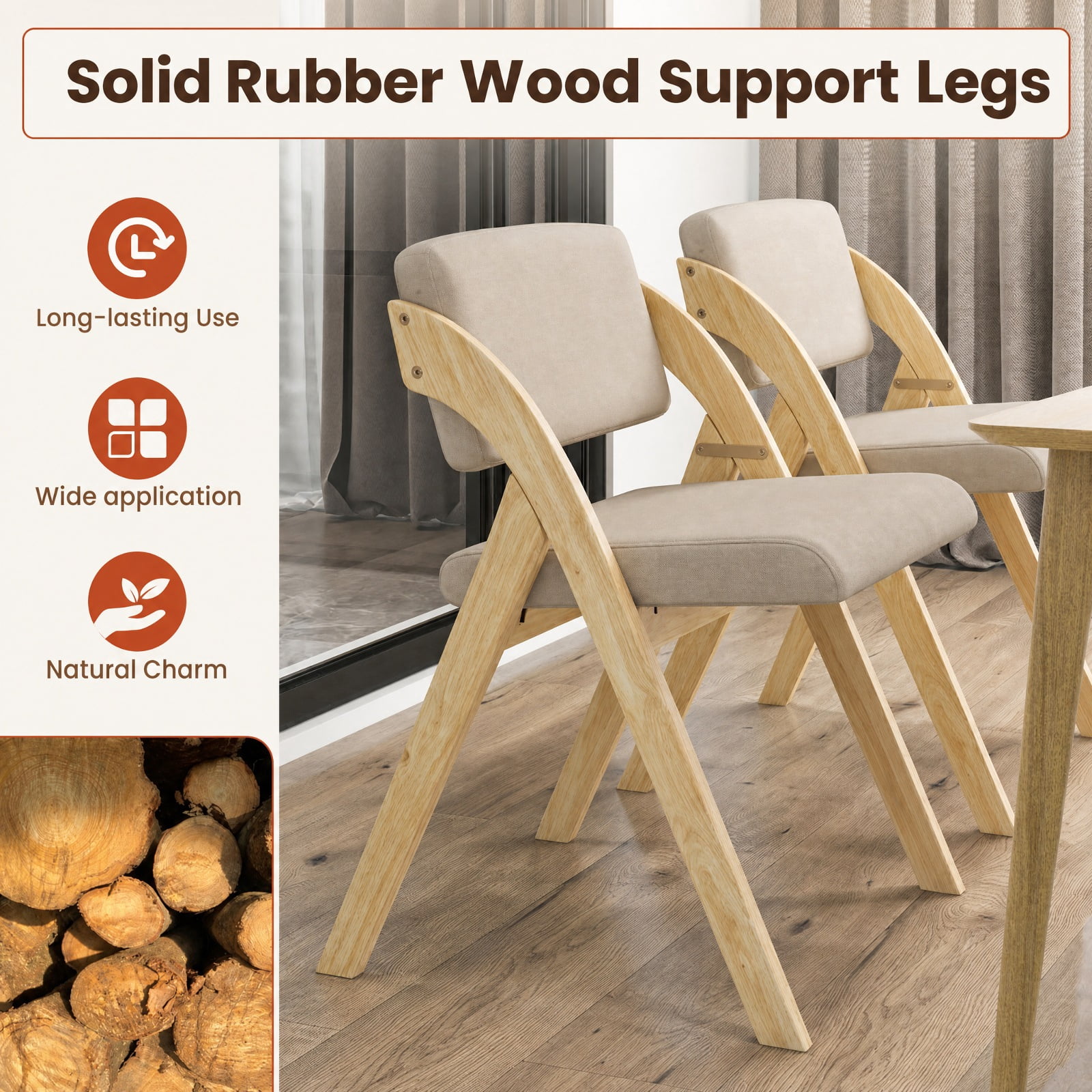 Furnibear Folding Kitchen Dining Chairs Set of 2 with Padded Seat and Rubber Wood Legs for Home