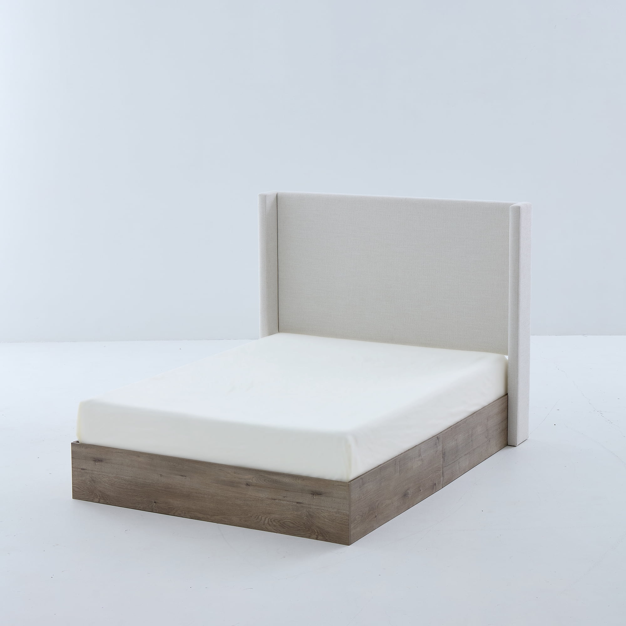 Miniyam Queen Upholstered Wingback Bed with 54" Tall Headboard, Enclosed Base, Heavy-Duty Steel Frame for Adult, Ivory
