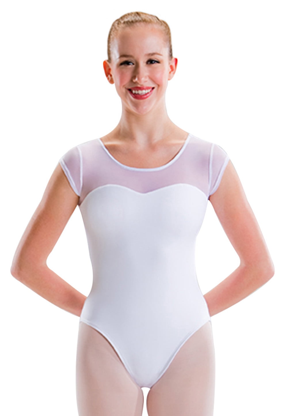 Motionwear Women's Mesh Cap Sleeve Leotard L White
