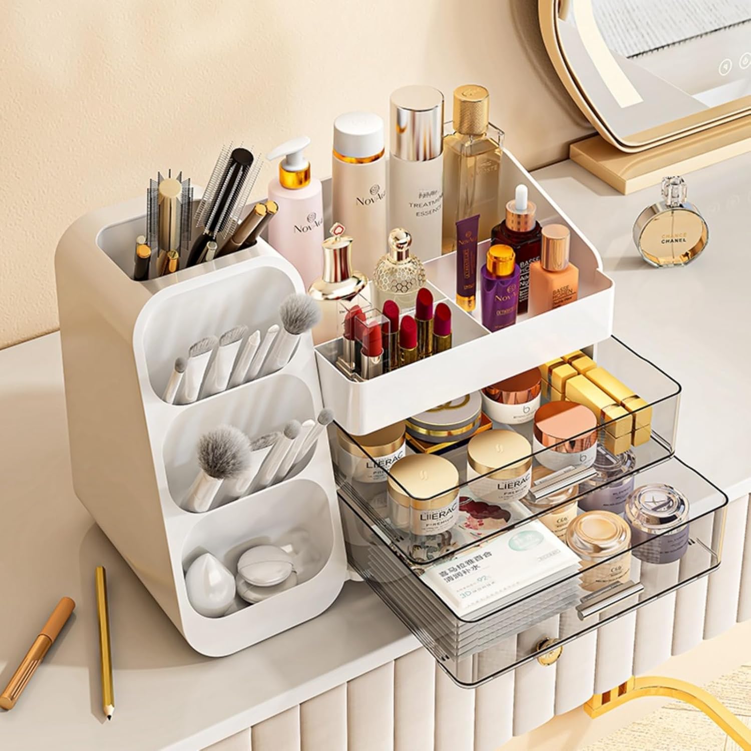 BAODELI Large Makeup Organizer with Brush Holder, White photo 5