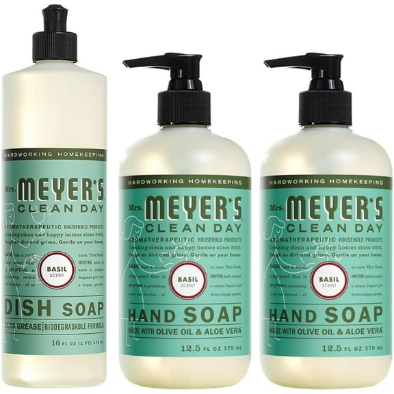 Mrs. Meyer’s Clean Day Variety, 2 Liquid Hand Soap 12.5 oz, 1 Liquid Dish Soap 16 fl oz (Basil)