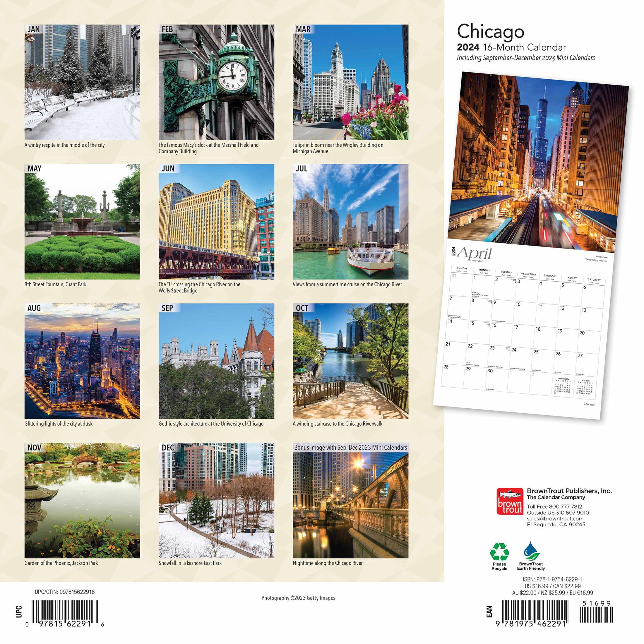 Chicago | 2024 12x24" (Hanging) Monthly Square Wall Calendar | BrownTrout -  Walmart.com