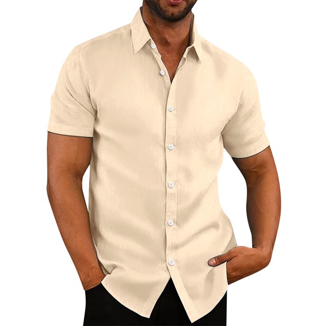 Men's Linen Short Sleeved Casual Shirt Collarless Standing Collar Summer Top M