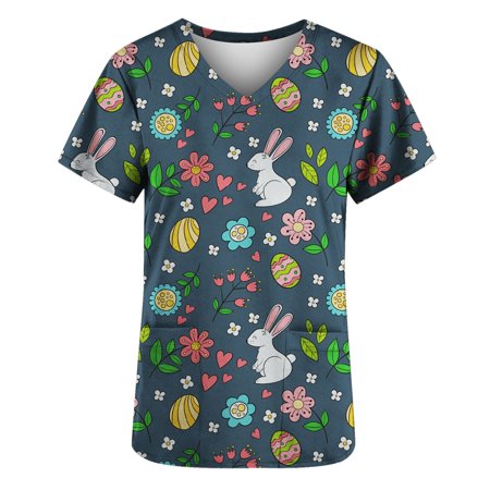 

Easter Scrub Tops for Women Short Sleeve V Neck Trendy Rabbit Print Easter Eggs Pattern Working Uniform Blouse Tops